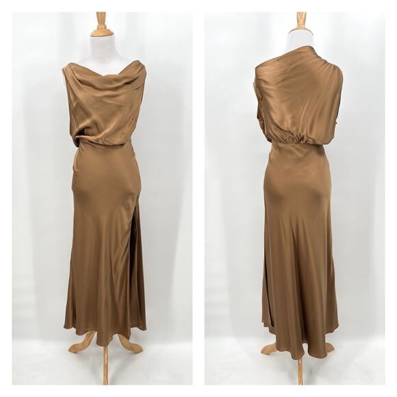 THE SEI Off The Shoulder Silk Maxi Dress Women 2 Brown Satin Cowl Neck Side Slit - Picture 3 of 16